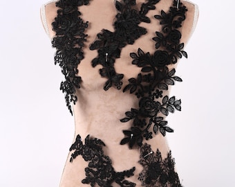 Black Matching Floral Lace Appliques, Narrow Mesh Embroidery Pairs for Dresses