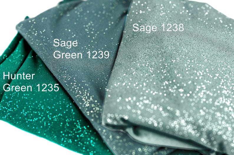 three fabric swatches with different colors and sparkles, labeled with their names.