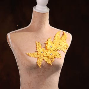 Yellow 3D Rhinestone Flower Applique: Water Soluble Lace (11x6.7 inches)