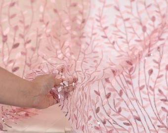Pale Pink Botanical Sequin Tulle Lace Fabric for Bridal Dress Overlay