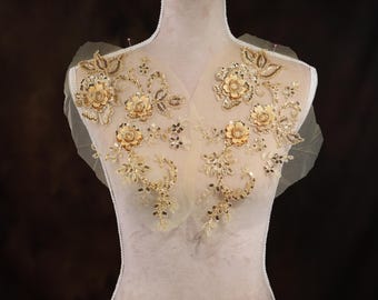 Gold Beaded Sequined 3D Flower Applique Pair: Costume Embellishment