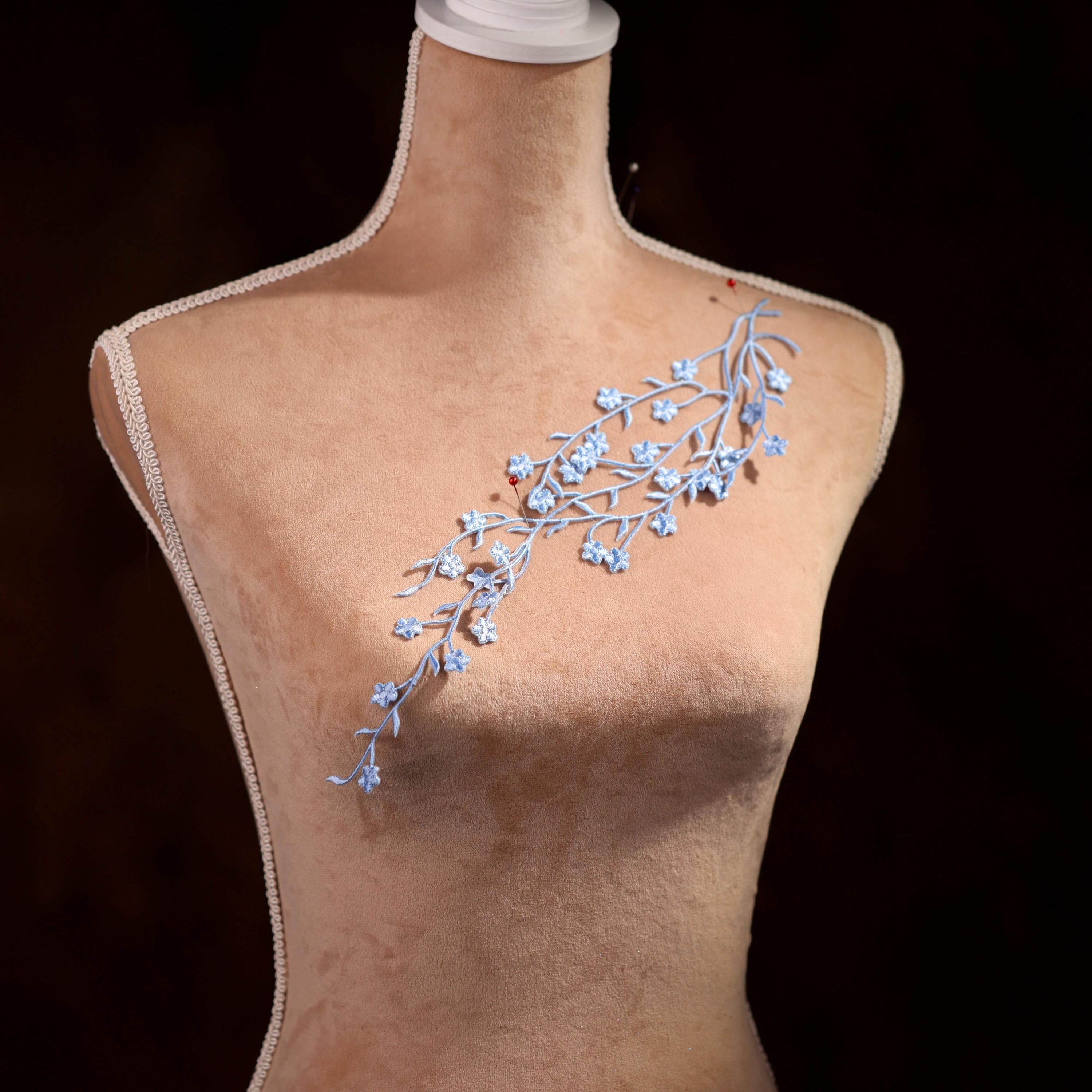 Blue Plum Blossom Iron On Applique for Lyrical Dance, Ballet, Illusion Gowns, Costumes GLT2444Ablu