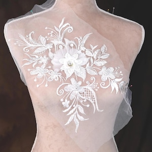 White 3D Flower Beaded Lace Applique: Bridal, Dance Costume (11x7.5 inch)