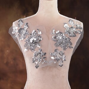 Gray Sequined Flower Applique Pair for Lyrical Dance, Ballet, Illusion Gowns, Costumes GLT2406Agry