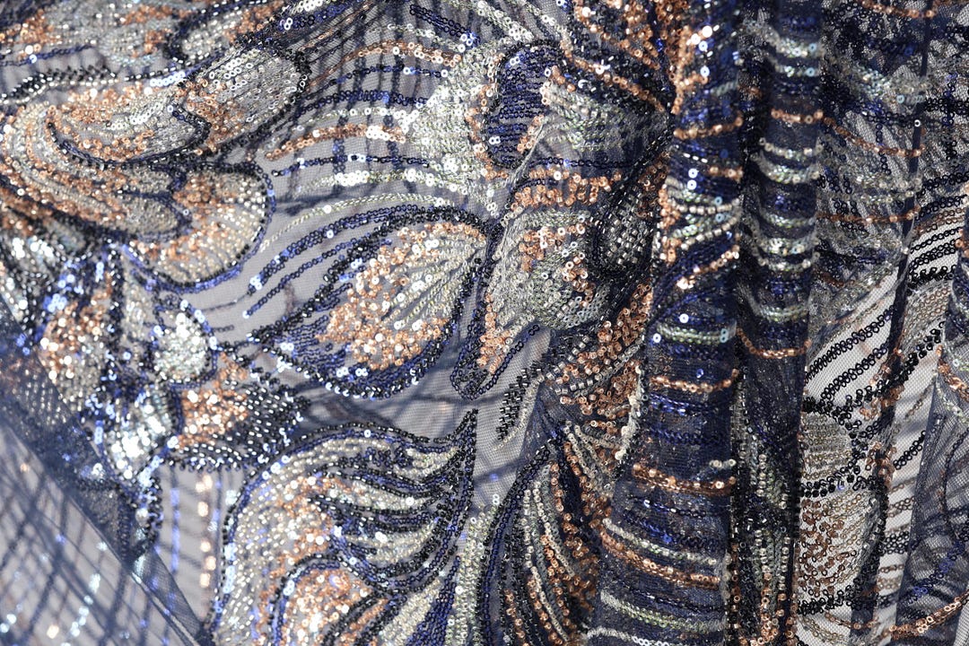Navy Blue Sequin Lace Fabric by the Yard, Beaded Embroidered Lace - Etsy