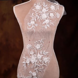 Off White 3D Flower Beaded Lace Applique: Bridal, Dance Costume (13x8 inches)