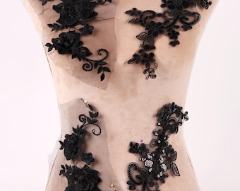 Black Floral Lace Applique Pairs for Jackets, Blouses & Dresses