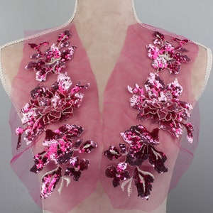 Rose pink sequined lace applique, handcut flower dress patch, DIY costume accessories, floral lace pair GLT2406Arred