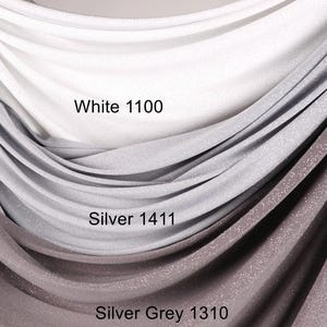 a collection of fabric swatches in various shades of gray and white, with the text indicating the color and material of each fabric.