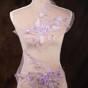 Purple 3D Flower Rhinestone Applique Pair: Embroidered Lace for Gowns, Costumes