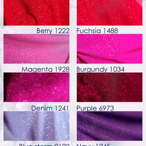 a collection of eight fabric swatches, each with a different color and texture, including glittery and sparkly patterns. The swatches are arranged in a grid format, with four rows and two columns, showcasing a variety of colors and textures, such as red, pink, purple, denim, blue storm, navy, and other fabrics.