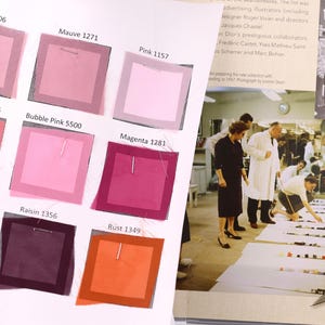 The image is a collage of various images, including color swatches and a photograph of people working with fabric.
