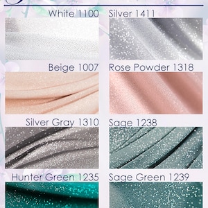 a collection of fabric swatches with various glitter colors, including white, silver, beige, rose powder, silver gray, and green.