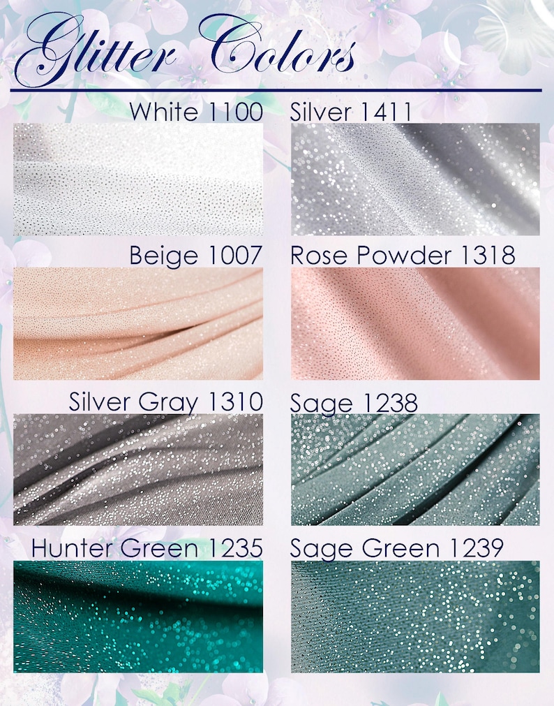 a collection of fabric swatches with various glitter colors, including white, silver, beige, rose powder, silver gray, and green.