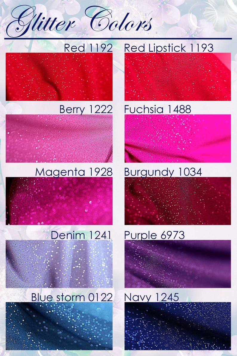 a collection of eight fabric swatches, each with a different color and texture, including glittery and sparkly patterns. The swatches are arranged in a grid format, with four rows and two columns, showcasing a variety of colors and textures, such as red, pink, purple, denim, blue storm, navy, and other fabrics.