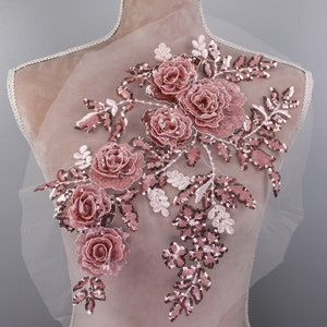 Pink embroidered lace applique, handcut sequined 3d flower dress patch, DIY dress decoration, floral lace patch GLT2582Apnk