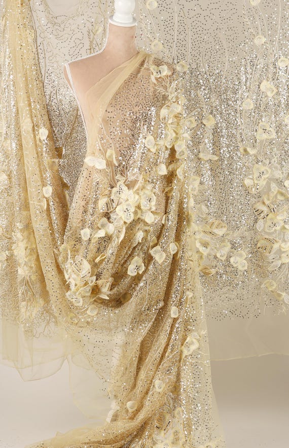 gold sequin dress fabric 3D Leaf Lace for Evening Gown and Costume gold glitter fabric