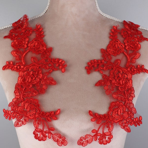 Red flower lace applique, DIY sewing accessories, embroidered dress patch, floral lace pair GLT20440red