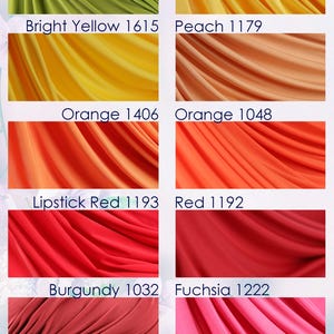 a collection of fabric swatches in various colors, including Chartreuse, Bright Yellow, Peach, Orange, Lipstick Red, Burgundy, Fuchsia, Bubblegum Pink, and Pink.