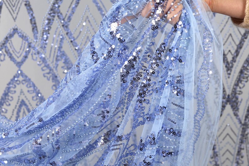 Blue Sewuin Pattern Blue Sequin Embroidered Tulle Lace Fabric – Geometric Art Deco Mesh ...