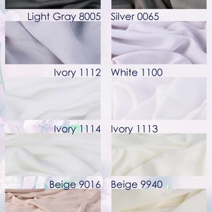 a collection of fabric swatches in various colors, including black, dark gray, light gray, silver, ivory, beige, and peach.