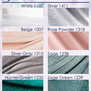 a collection of fabric swatches with various glitter colors, including white, silver, beige, rose powder, silver gray, and green.