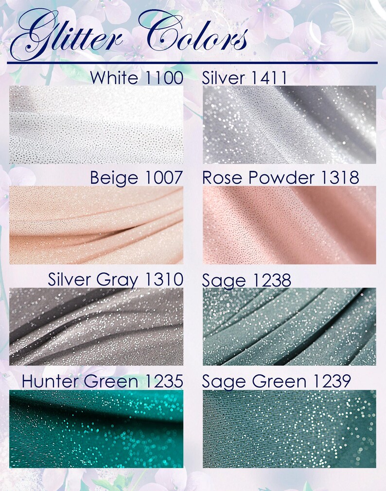 a collection of fabric swatches with various glitter colors, including white, silver, beige, rose powder, silver gray, and green.