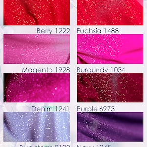 a collection of eight fabric swatches, each with a different color and texture, including glittery and sparkly patterns. The swatches are arranged in a grid format, with four rows and two columns, showcasing a variety of colors and textures, such as red, pink, purple, denim, blue storm, navy, and other fabrics.