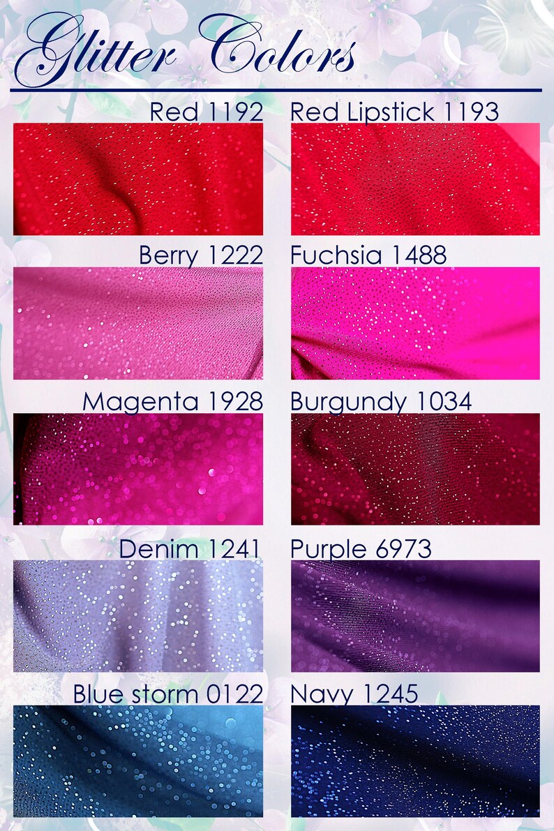 a collection of eight fabric swatches, each with a different color and texture, including glittery and sparkly patterns. The swatches are arranged in a grid format, with four rows and two columns, showcasing a variety of colors and textures, such as red, pink, purple, denim, blue storm, navy, and other fabrics.