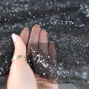 Black Silver Glitter Tulle Fabric: Shimmer Sparkle Mesh, Semi-Soft - By The Yard