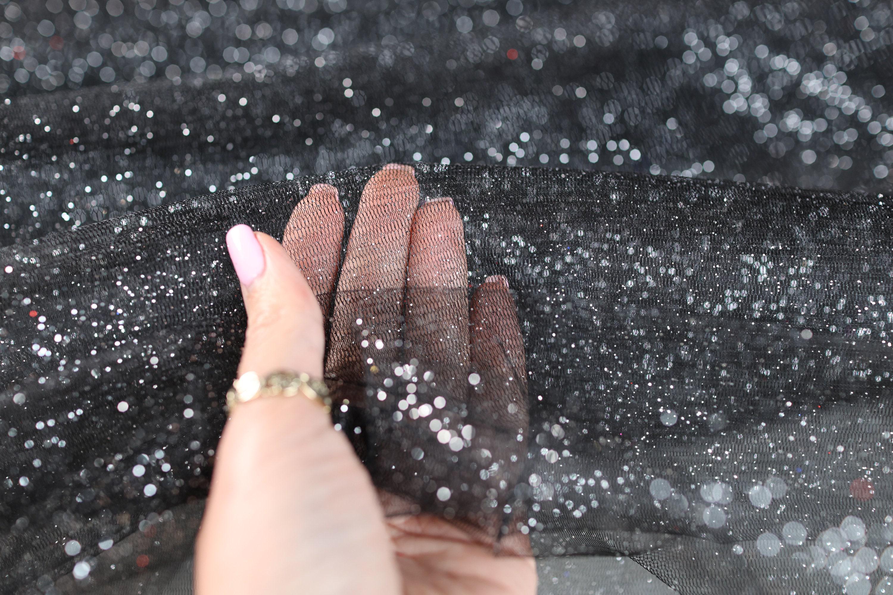 Black Silver Glitter Tulle Fabric: Shimmer Sparkle Mesh, Semi-Soft - By The Yard
