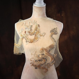 Gold Chinese Dragons Embroidered Applique Pair for Lyrical Dance, Ballet, Illusion Gowns, Costumes GLT2765Agyel