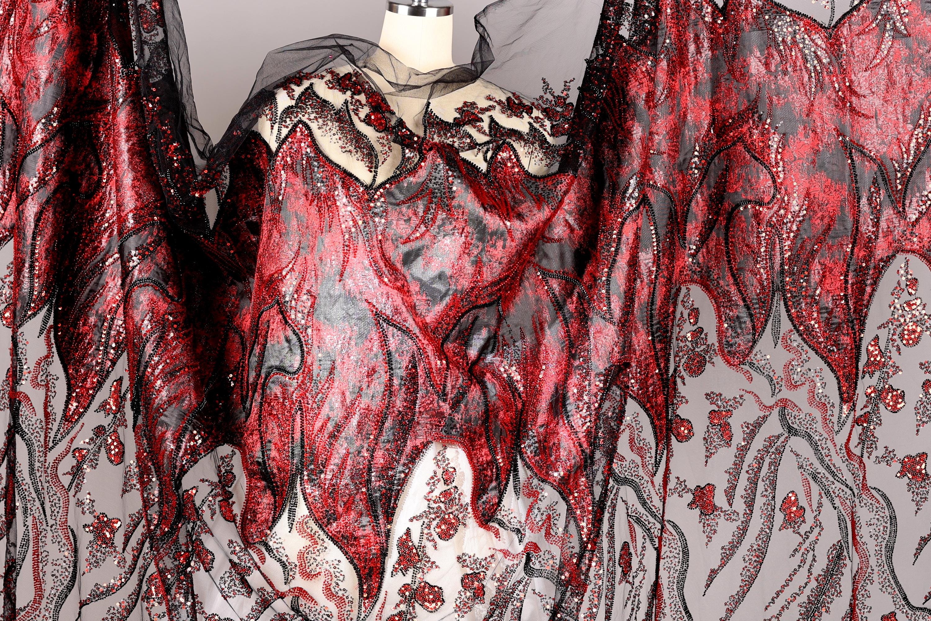 chinese dress ladies Black corset lace dress adorned with vibrant red rhinestone chainmail
