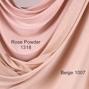 two fabric swatches, one with a rose powder color and the other with a beige color. The text labels the swatches as "Rose Powder 1318" and "Beige 1007".