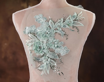 Light Green Sequined 3d Flower Applique for Lyrical Dance, Ballet, Illusion Gowns, Costumes GLT2483Algrn