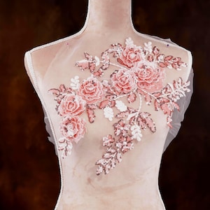 Pink Floral Lace Applique: 3D Beaded Embroidered Patch
