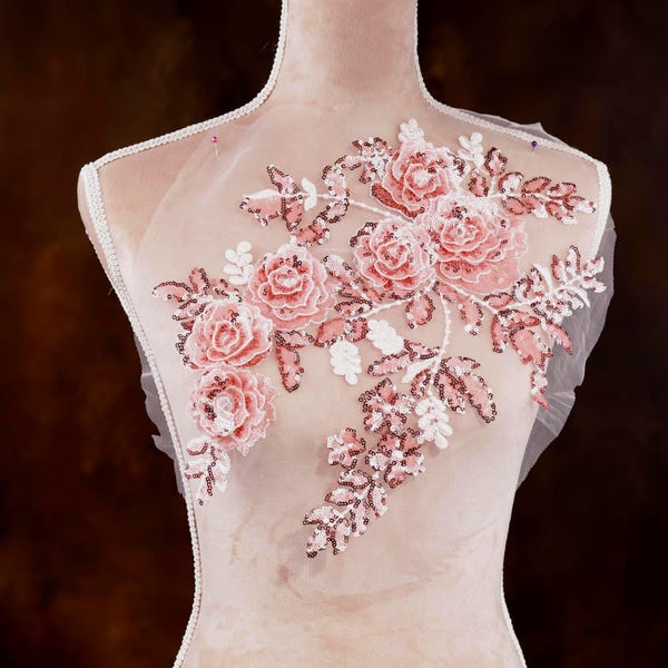 Pink Floral Lace Applique: 3D Beaded Embroidered Patch