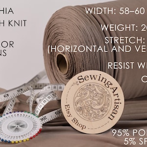 a variety of sewing and crafting supplies, including a roll of stretch knit fabric, a sewing kit, and a spool of thread. The text provides information about the product, such as its width, weight, stretch, and resistance to wrinkles.