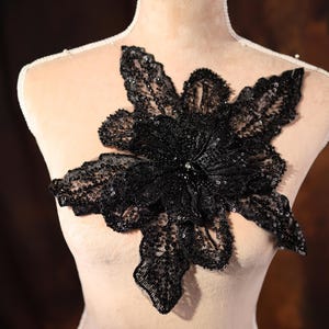 Black 3D Flower Applique: Beaded Sequin Lace for Dance Costumes