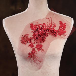 Burgundy Floral Lace Applique: Beaded Sequin Embroidery (12x7.5 inches)