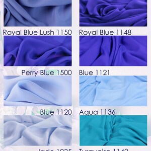a collection of various satin fabric colors, including navy, royal blue, and turquoise, along with their corresponding numbers.