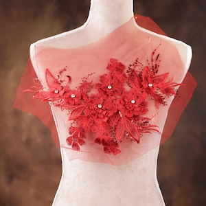Red Sequined 3d Flower Applique for Lyrical Dance, Ballet, Illusion Gowns, Costumes GLT2483Ared