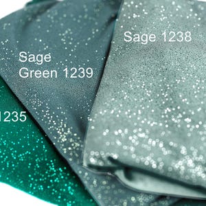 three fabric swatches with different colors and sparkles, labeled with their names.