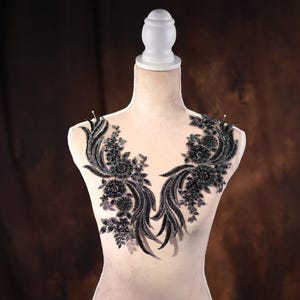 Black 3D Floral Applique Pair: Beaded Embroidered Lace