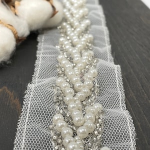 Garniture de perles blanches par mètre, robe de mariée en dentelle brodée, bretelles de robe tutu, ceinture de demoiselles d'honneur glamour, bandeau de mariée Art-déco