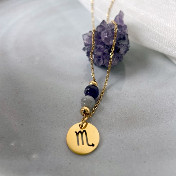 Zodiac Necklace Scorpio (Scorpio Zodiac Charm, Scorpio pendant, Labradorite, Amethyst, genuine gems, gold plated stainless steel, 6mm beads)