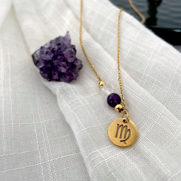 Zodiac Necklace Virgo (Virgo Charm, Virgo pendant, Amethyst, Clear Quartz, genuine gems, gemstones, gold plated stainless steel, 6mm beads)