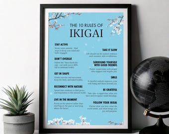 Ikigai Poster Ikagai Print, 10 Rules of Ikigai Wall Art Print for Living Room, Bedroom, Office Motivational Fine Art Poster Digital Download