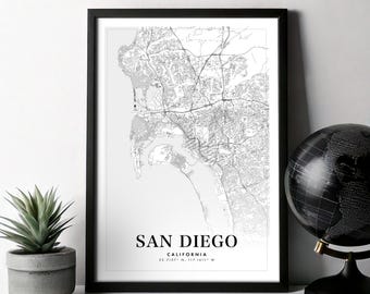 Mapa San Diego Plakat San Diego Mapa San Diego Kalifornia Wydrukuj mapę ulic miasta Wydrukuj nowoczesną mapę dekoracji domu Prezent podróżny do wydrukowania