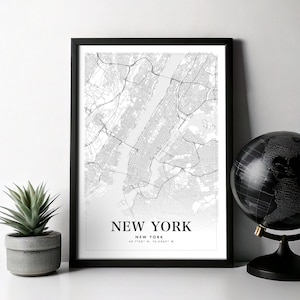 Mapa de Nueva York Póster de la ciudad de Nueva York Mapa de Manhattan Impresiones de mapas de la ciudad de Nueva York Impresión de mapas de calles de la ciudad Regalos de viaje imprimibles con mapas de decoración del hogar modernos